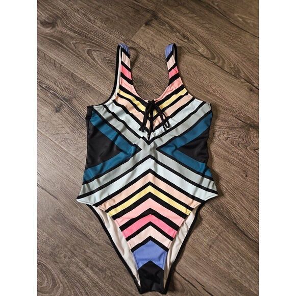 PINK Cheeky Striped Scoop One-Piece Bathingsuit Women's Size Medium - Picture 1 of 3